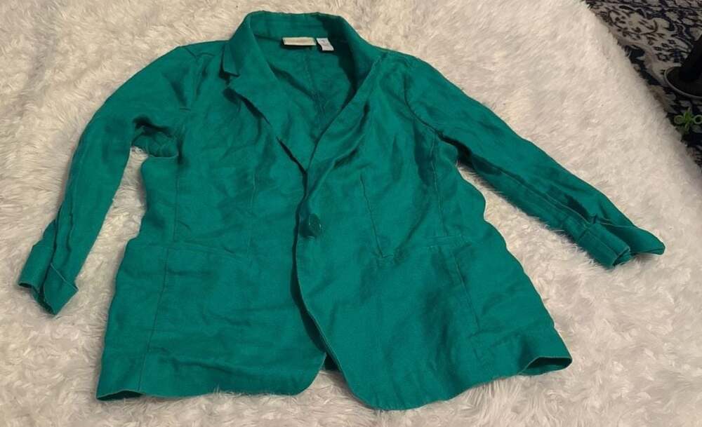 Chico's Emerald Green 100% Linen Single Button Blazer Jacket Size 1